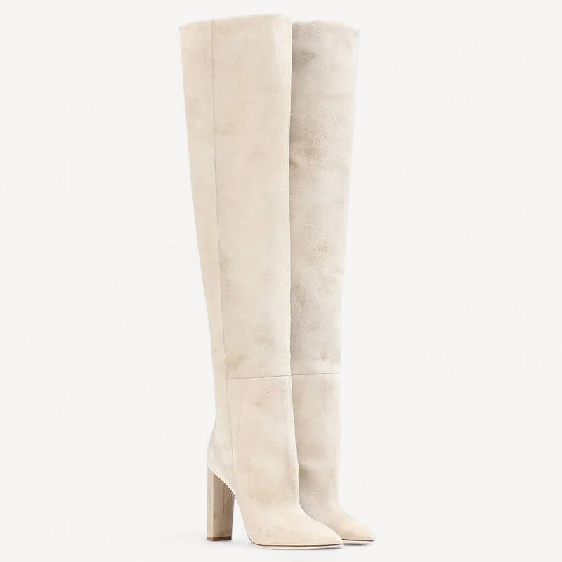 Beige Suede Knee Boots