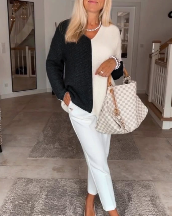 Two-Tone V-Neck Cardigan