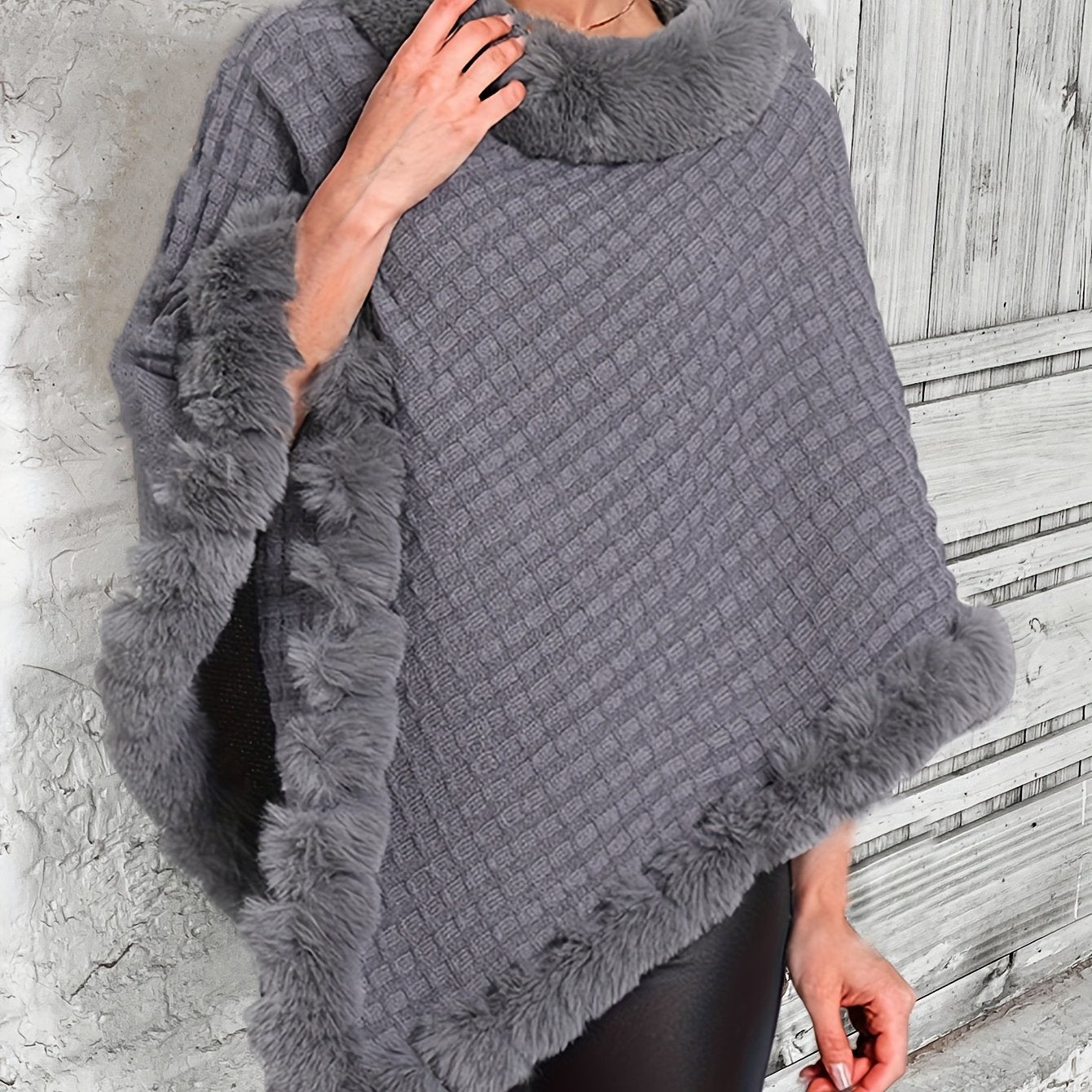 Women'S Lightweight Faux Fur Trimmed Oversized Cape Sweater - Cozy Cardigan with Ruffled Hem, Brown & Gray, Perfect for Fall & Winter, Casual to Chic Outfits, Sweater Dress
