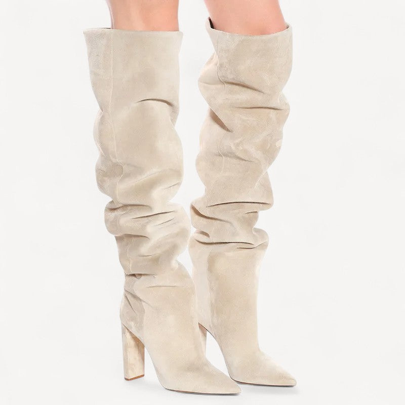 Beige Suede Knee Boots