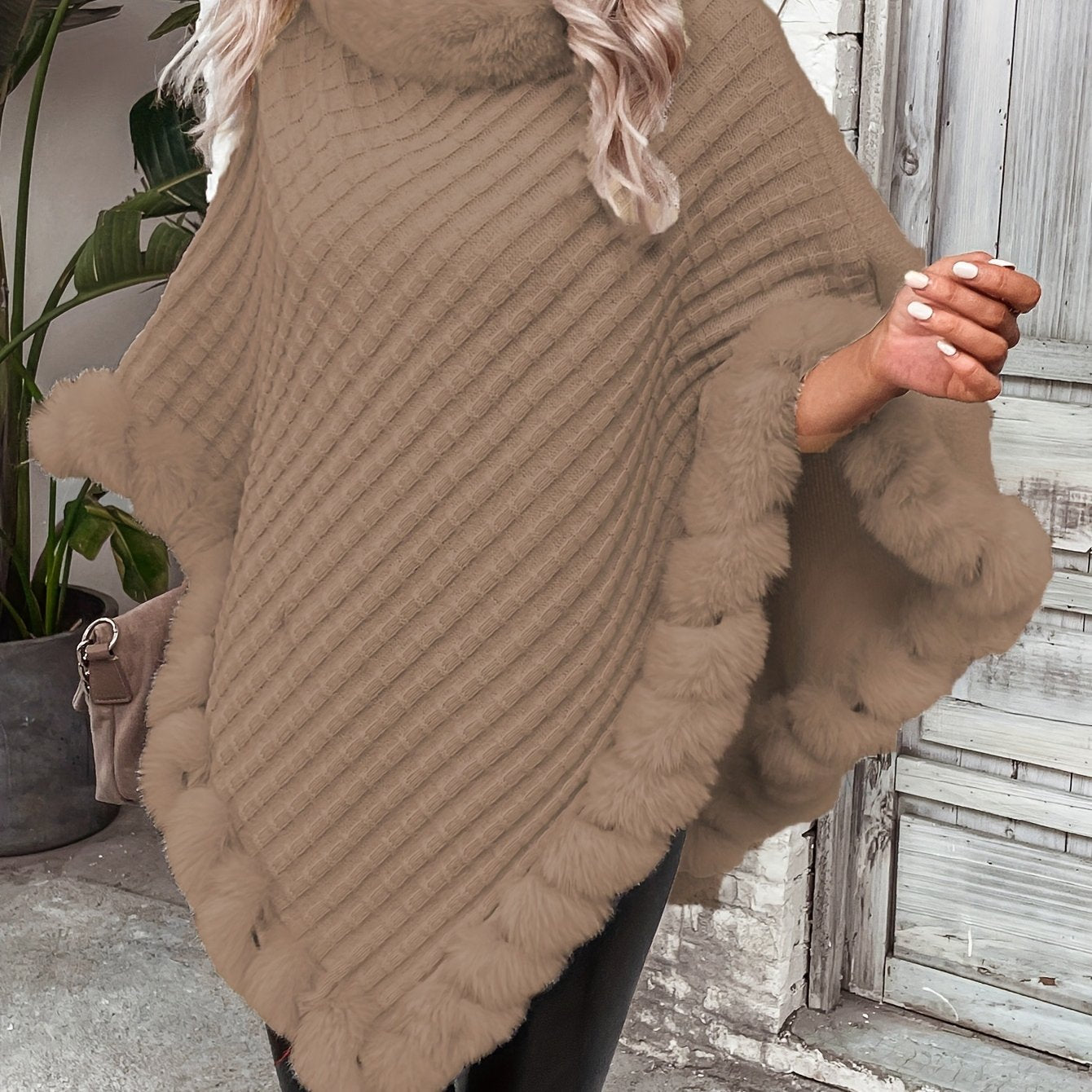 Women'S Lightweight Faux Fur Trimmed Oversized Cape Sweater - Cozy Cardigan with Ruffled Hem, Brown & Gray, Perfect for Fall & Winter, Casual to Chic Outfits, Sweater Dress