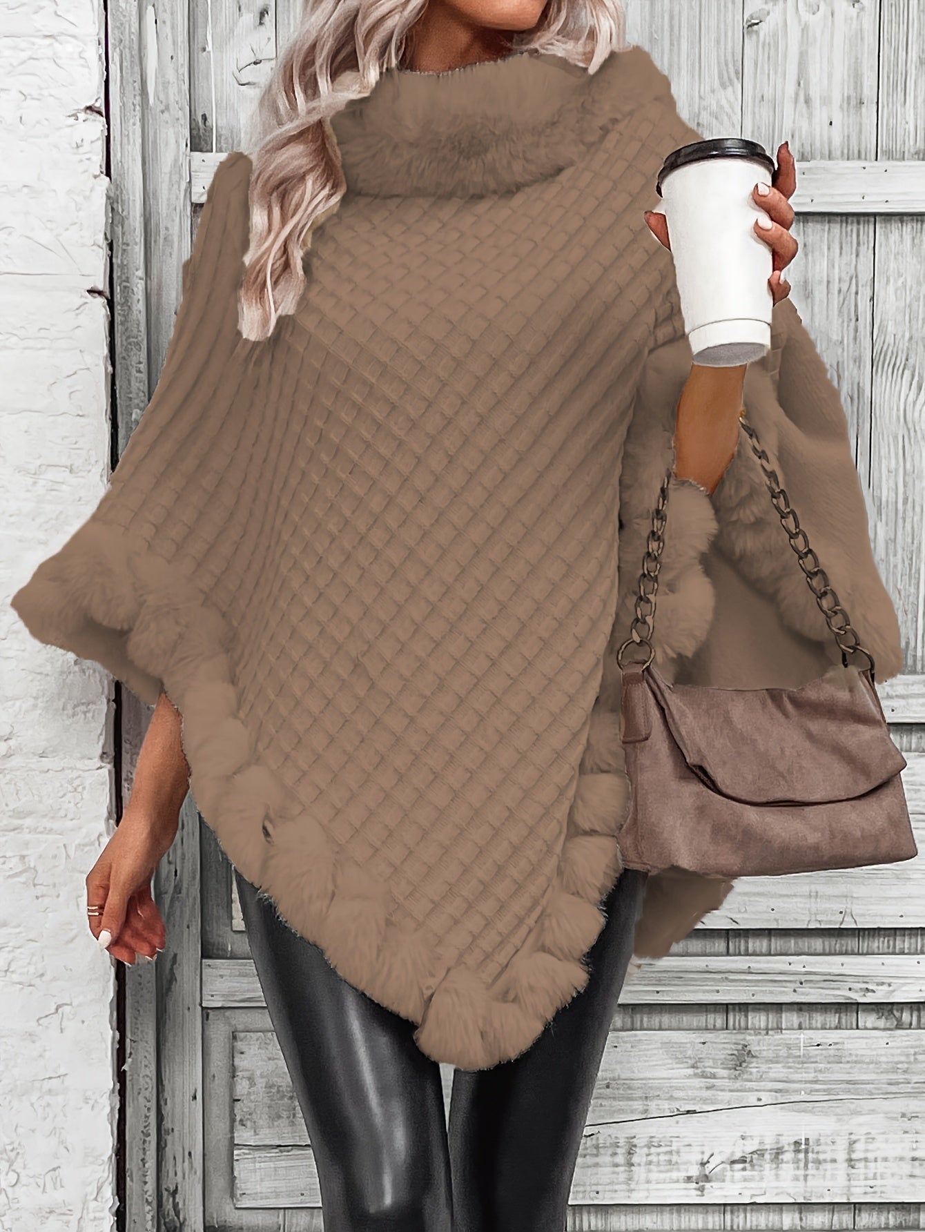Women'S Lightweight Faux Fur Trimmed Oversized Cape Sweater - Cozy Cardigan with Ruffled Hem, Brown & Gray, Perfect for Fall & Winter, Casual to Chic Outfits, Sweater Dress