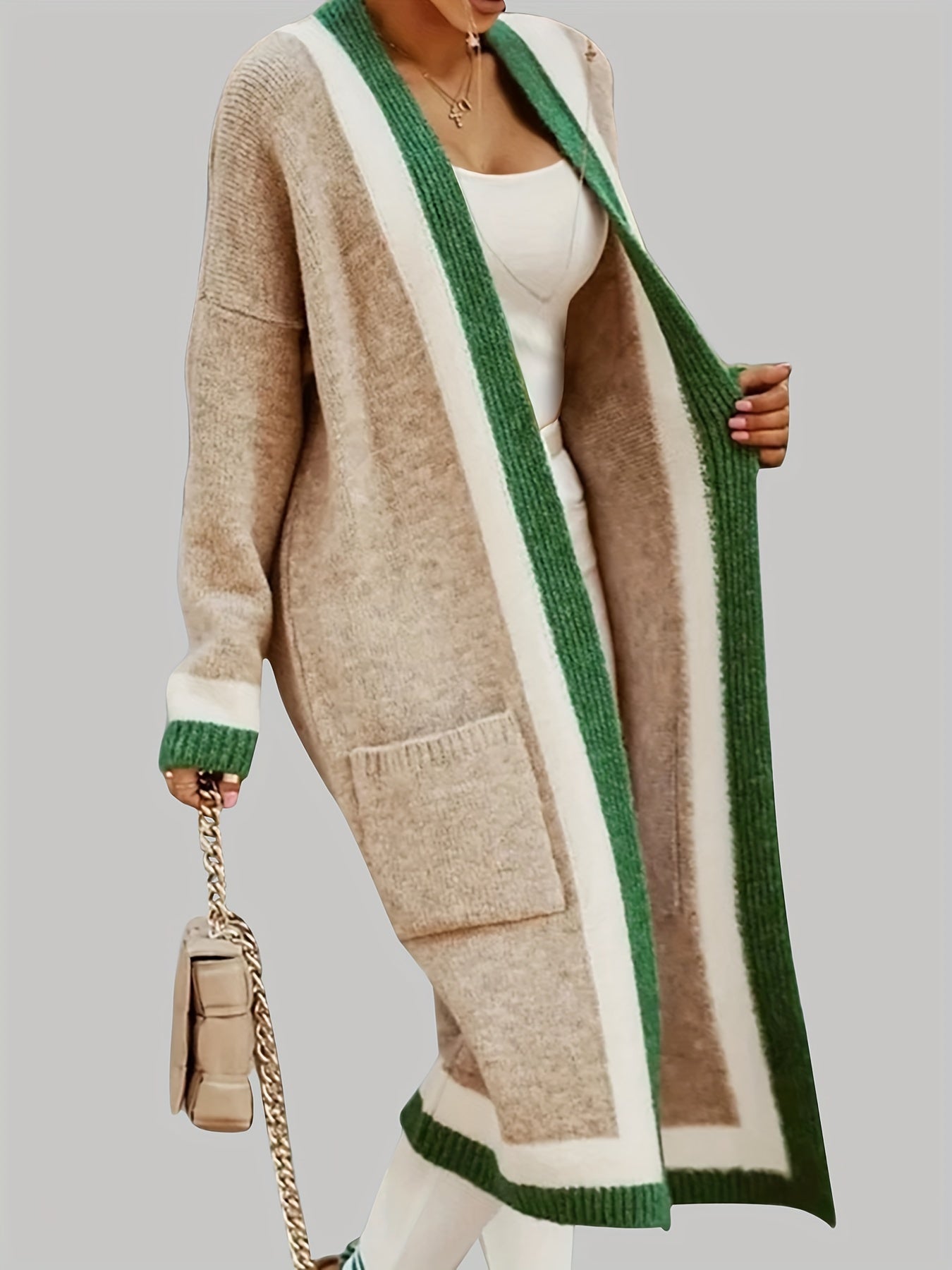 ARLENE™ Long Knitted Contrast Trim Cardigan