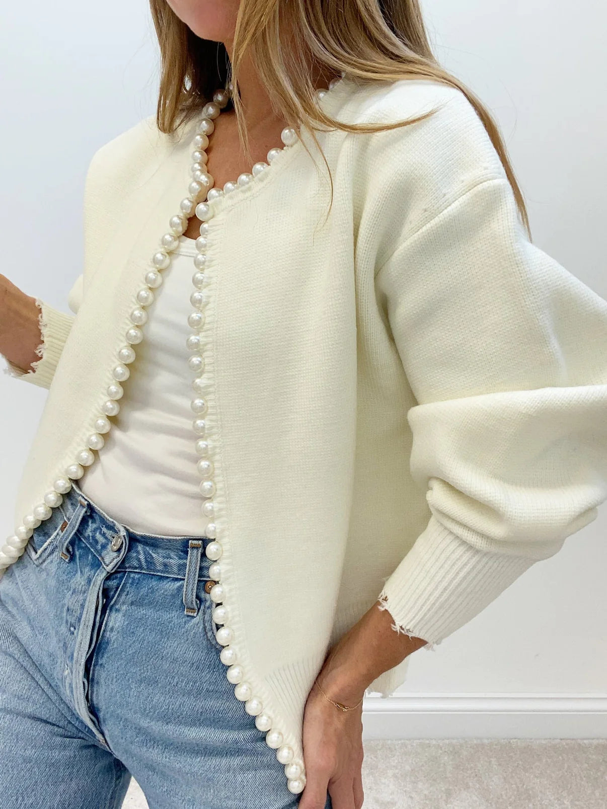 Pearl Trim Open Cardigan