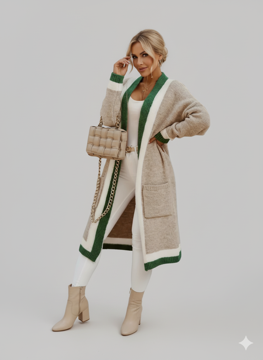 ARLENE™ Long Knitted Contrast Trim Cardigan