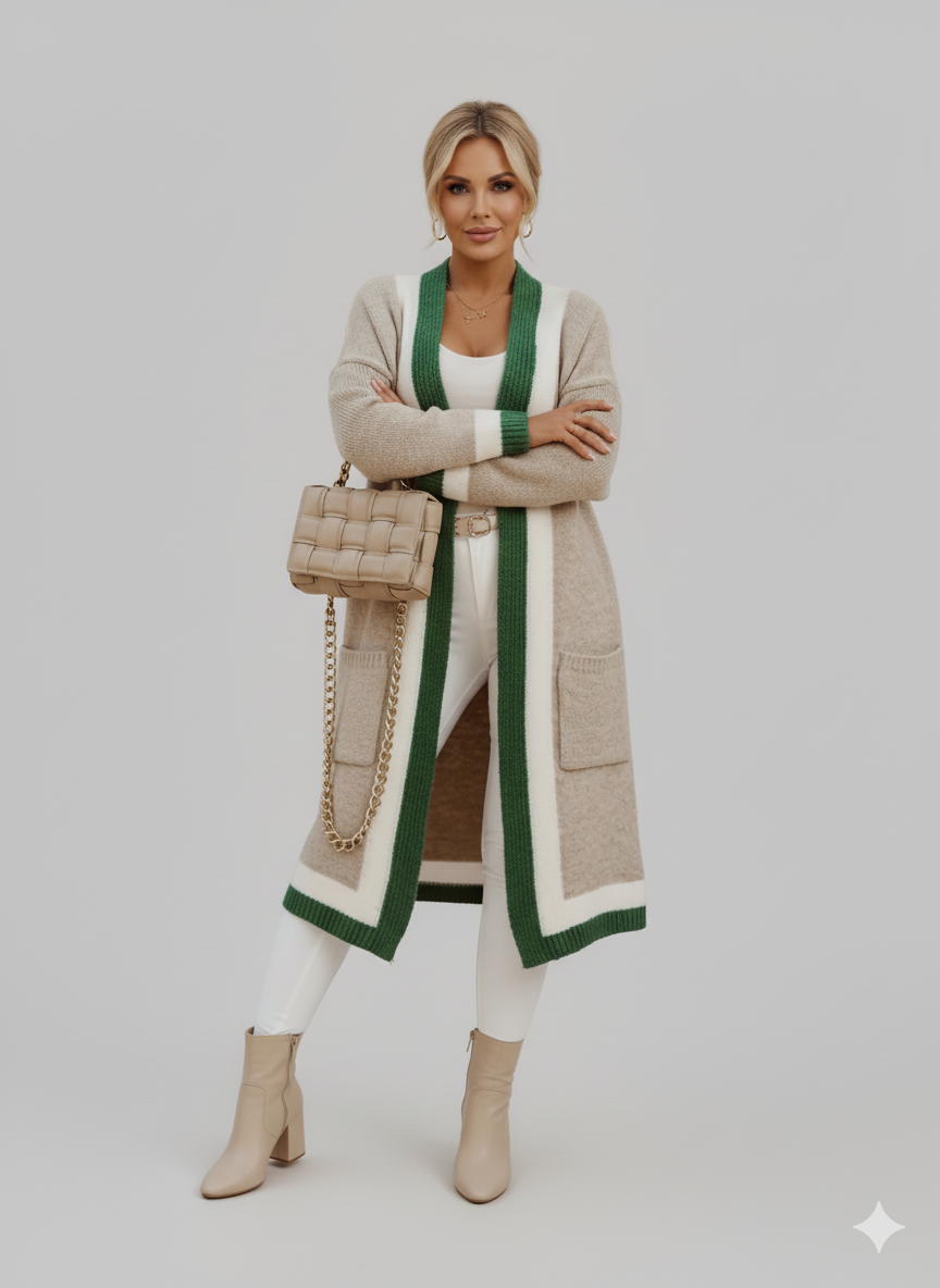 ARLENE™ Long Knitted Contrast Trim Cardigan