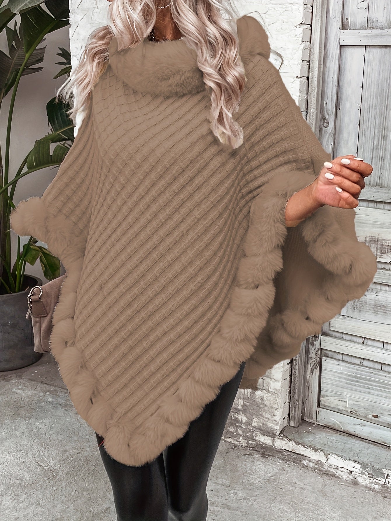 Women'S Lightweight Faux Fur Trimmed Oversized Cape Sweater - Cozy Cardigan with Ruffled Hem, Brown & Gray, Perfect for Fall & Winter, Casual to Chic Outfits, Sweater Dress