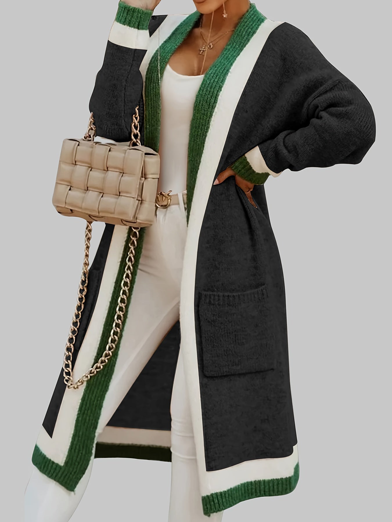 ARLENE™ Long Knitted Contrast Trim Cardigan