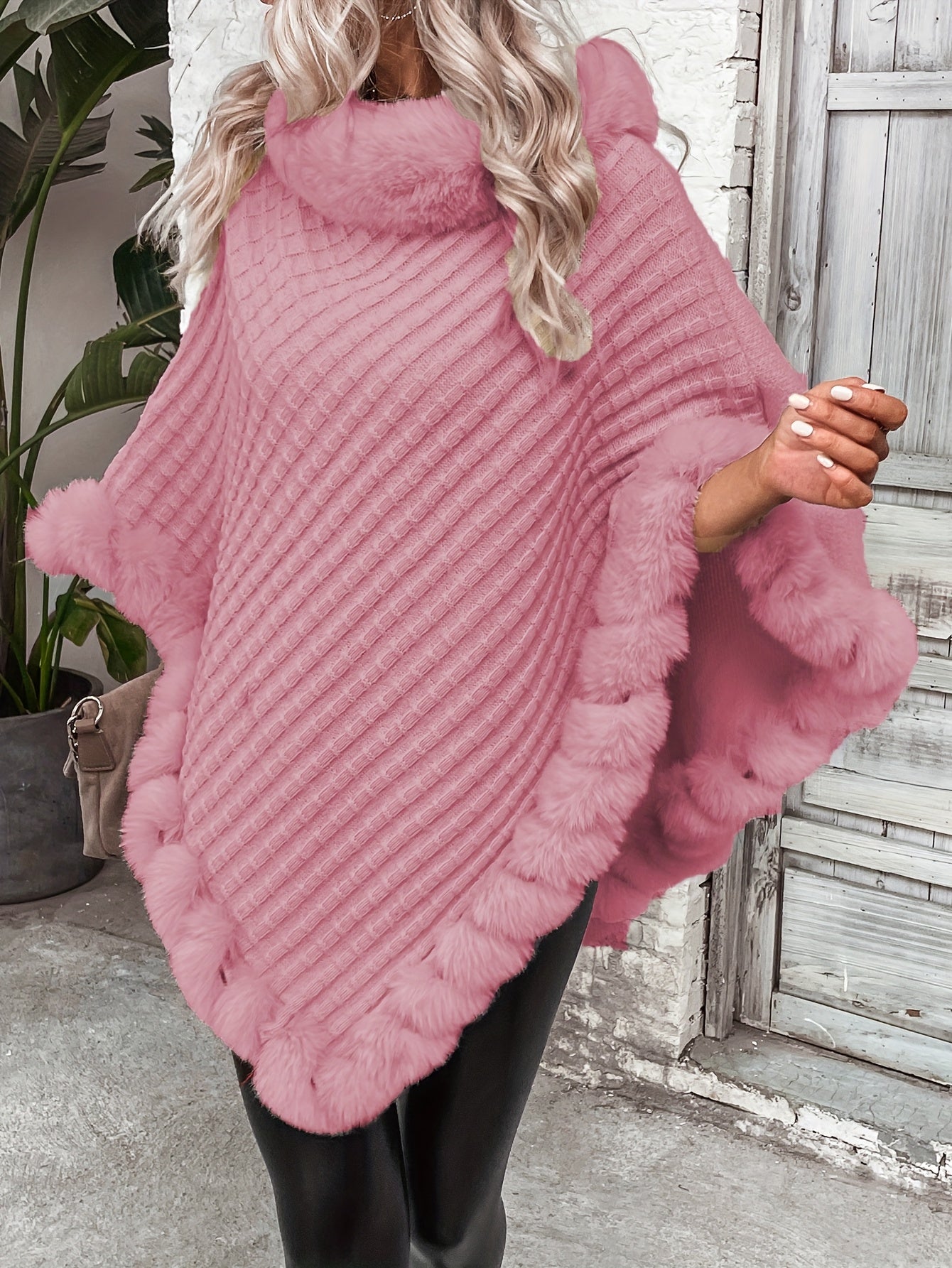 Women'S Lightweight Faux Fur Trimmed Oversized Cape Sweater - Cozy Cardigan with Ruffled Hem, Brown & Gray, Perfect for Fall & Winter, Casual to Chic Outfits, Sweater Dress