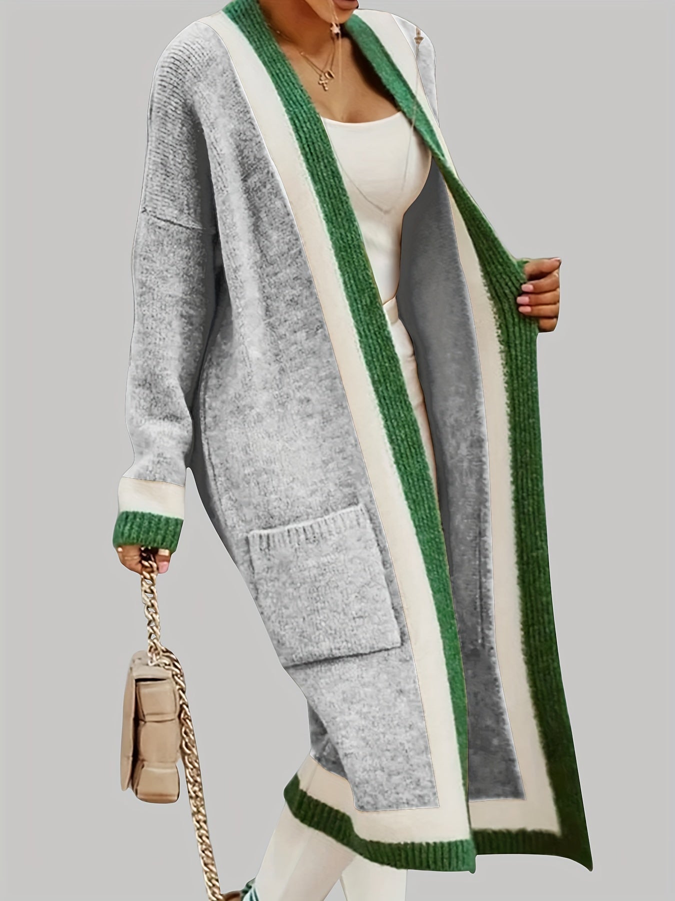ARLENE™ Long Knitted Contrast Trim Cardigan