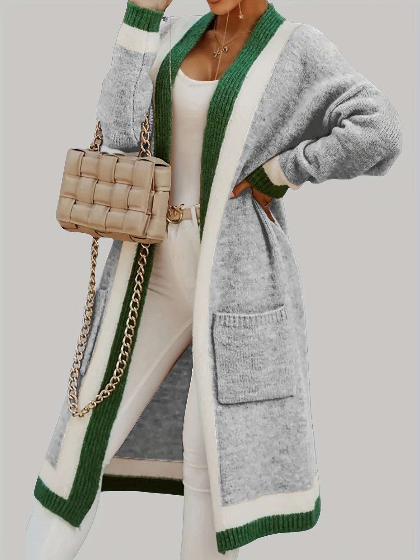 ARLENE™ Long Knitted Contrast Trim Cardigan