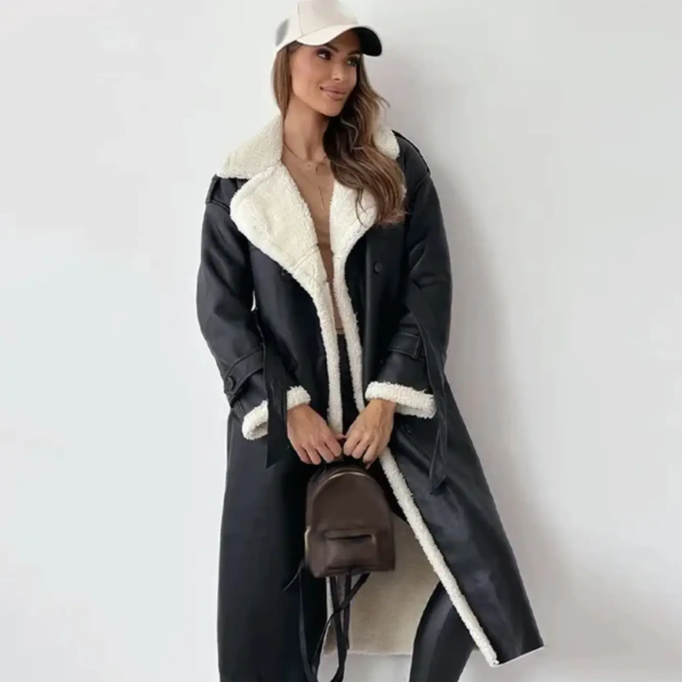 Women’s Long Shearling-Lined Trench Coat - Chic Double-Breasted Winter Overcoat