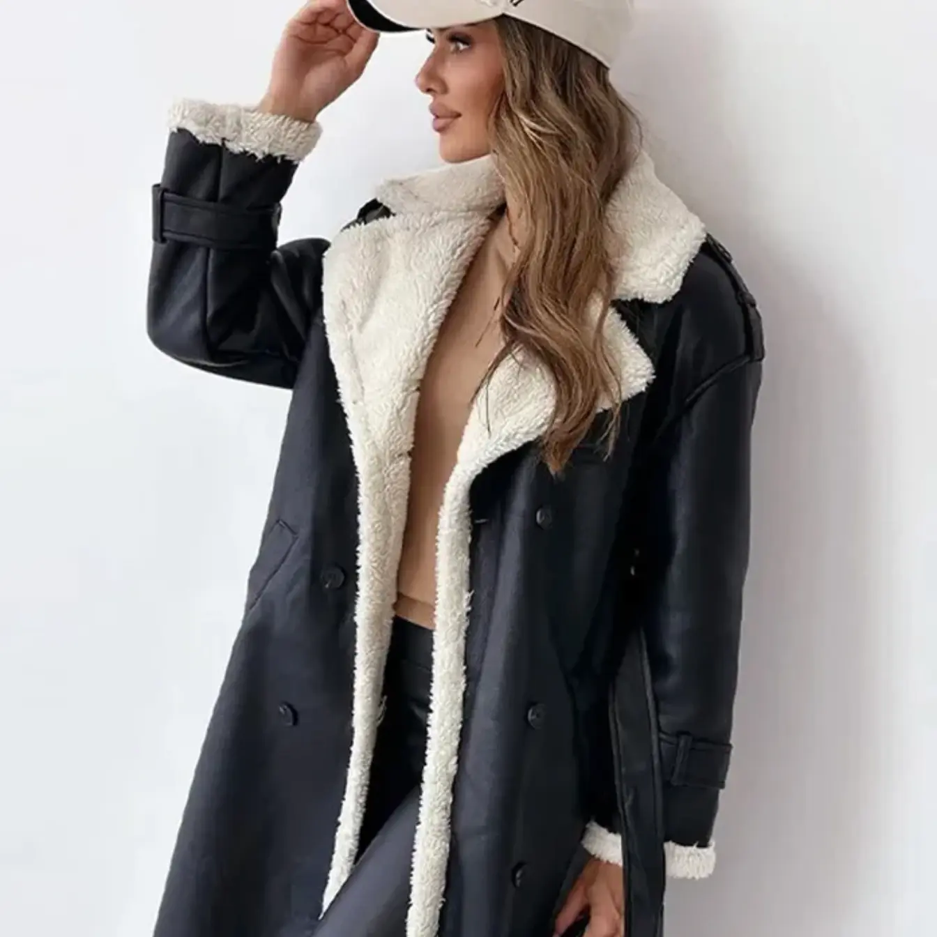 Women’s Long Shearling-Lined Trench Coat - Chic Double-Breasted Winter Overcoat