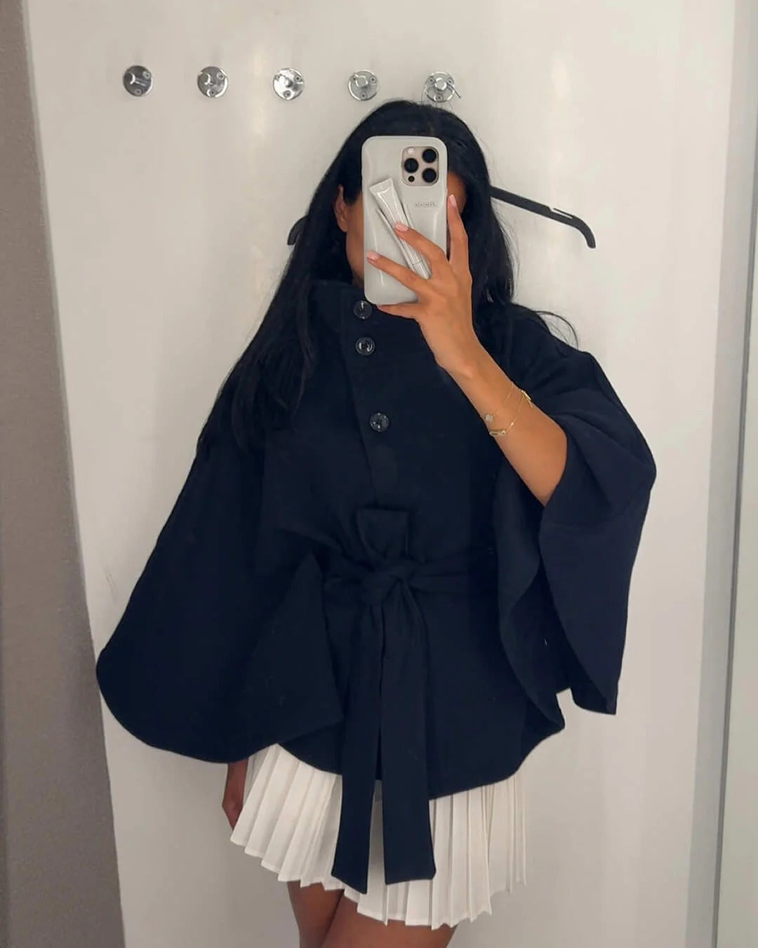 High-Neck Belted Cape Jacket