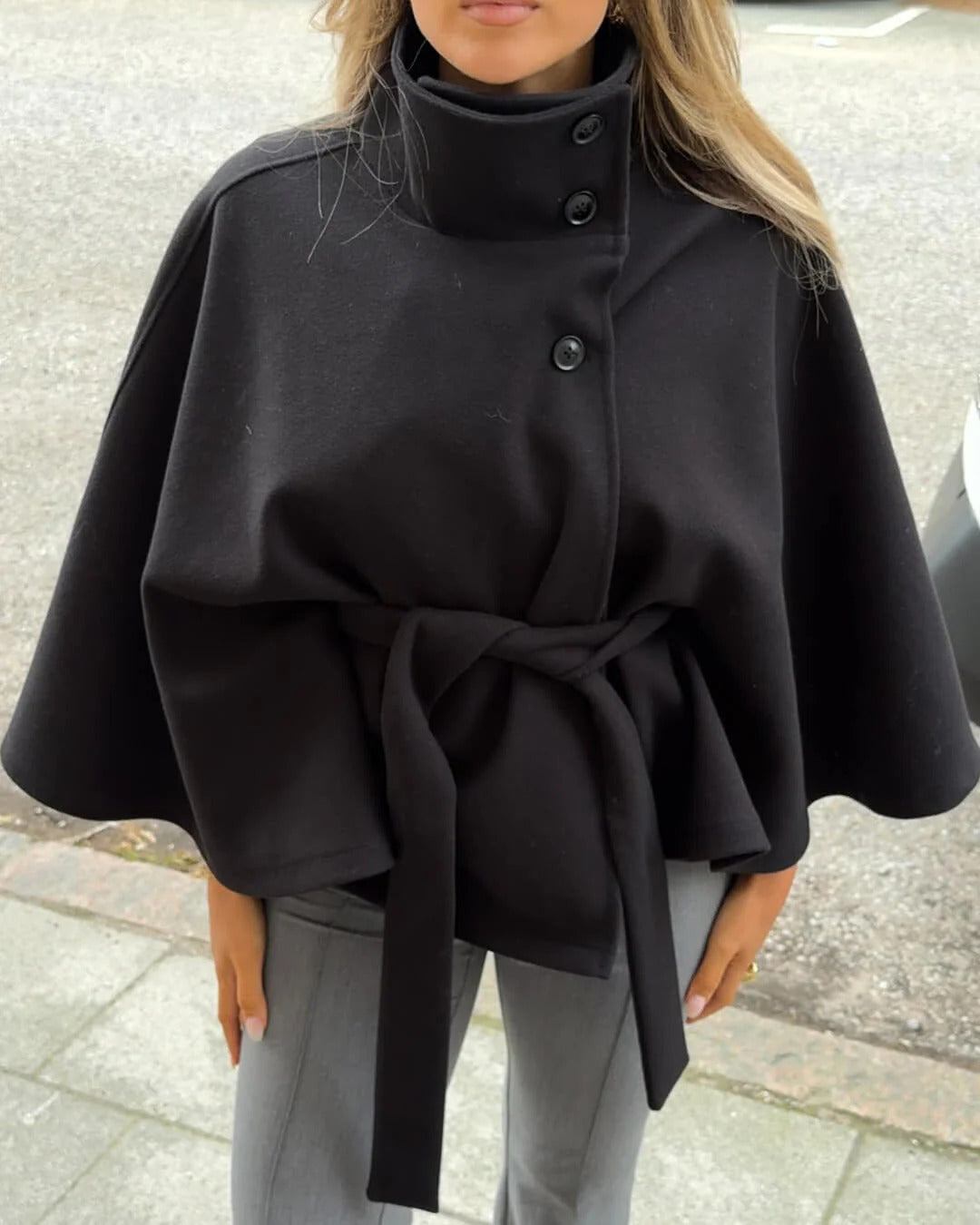 High-Neck Belted Cape Jacket