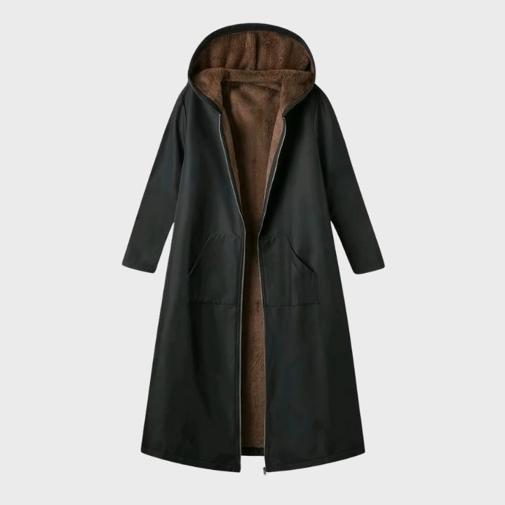 Women’s Elegant Black Plush-Lined Hooded Long Coat