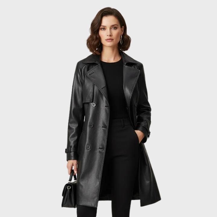 Women's leather Belted Windbreaker Coat
