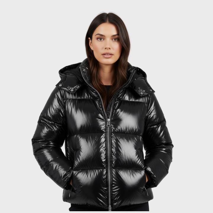 Women's Glossy Hooded Full-Zip Front Puffer Jacket