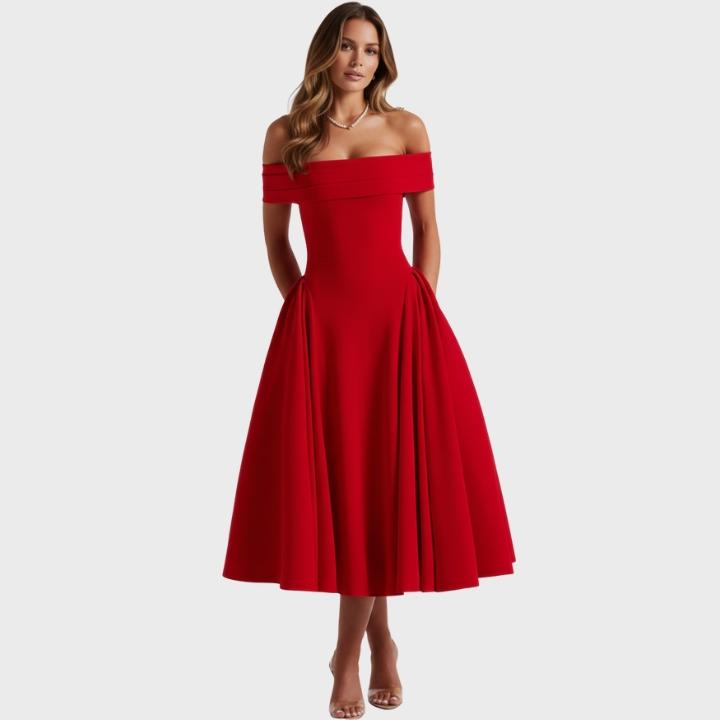 Women's Sophisticated Off Shoulder Pleated Flare Mid Length Dress