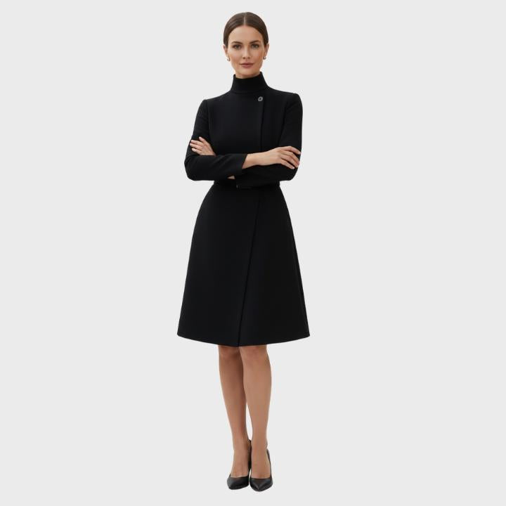 Women's High Neck Asymmetric Front Belted Midi Dress