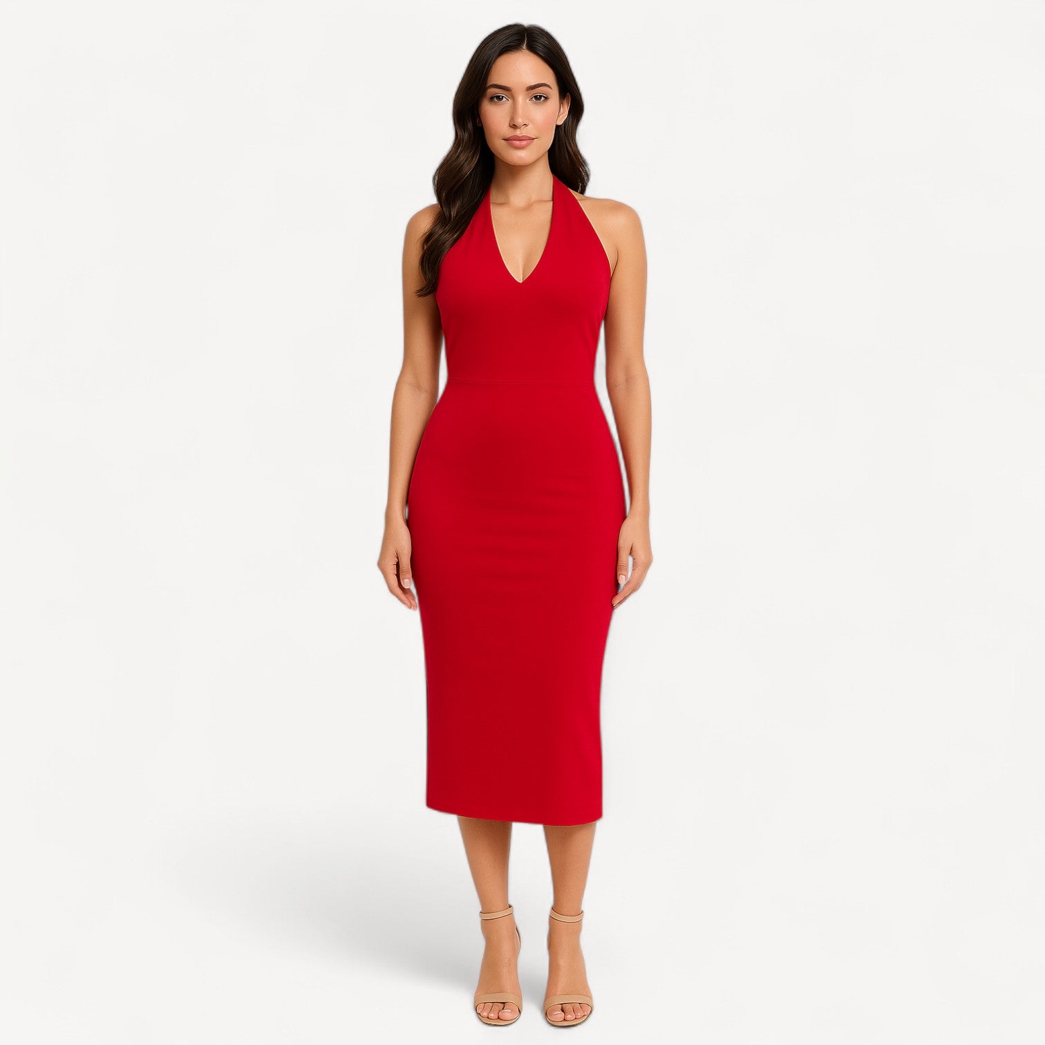 Red Halter Midi Dress