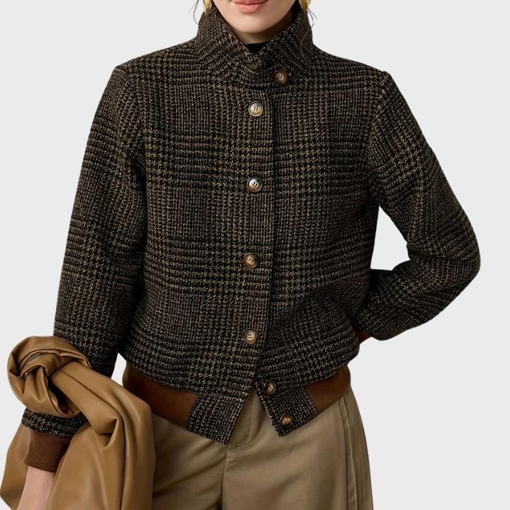 Women's Brown Checkered Wool Look Bomber Jacket  Vintage Style