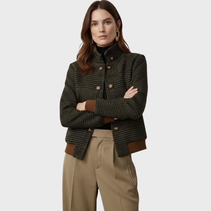 Women's Brown Checkered Wool Look Bomber Jacket  Vintage Style