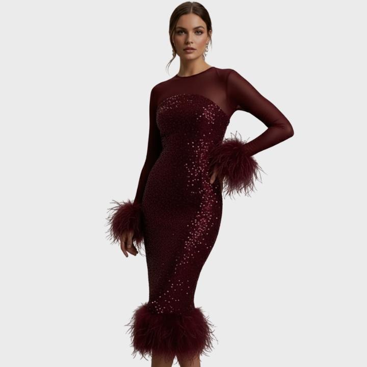 Women’s Slim A-Line Feather Patchwork Sequin Dress