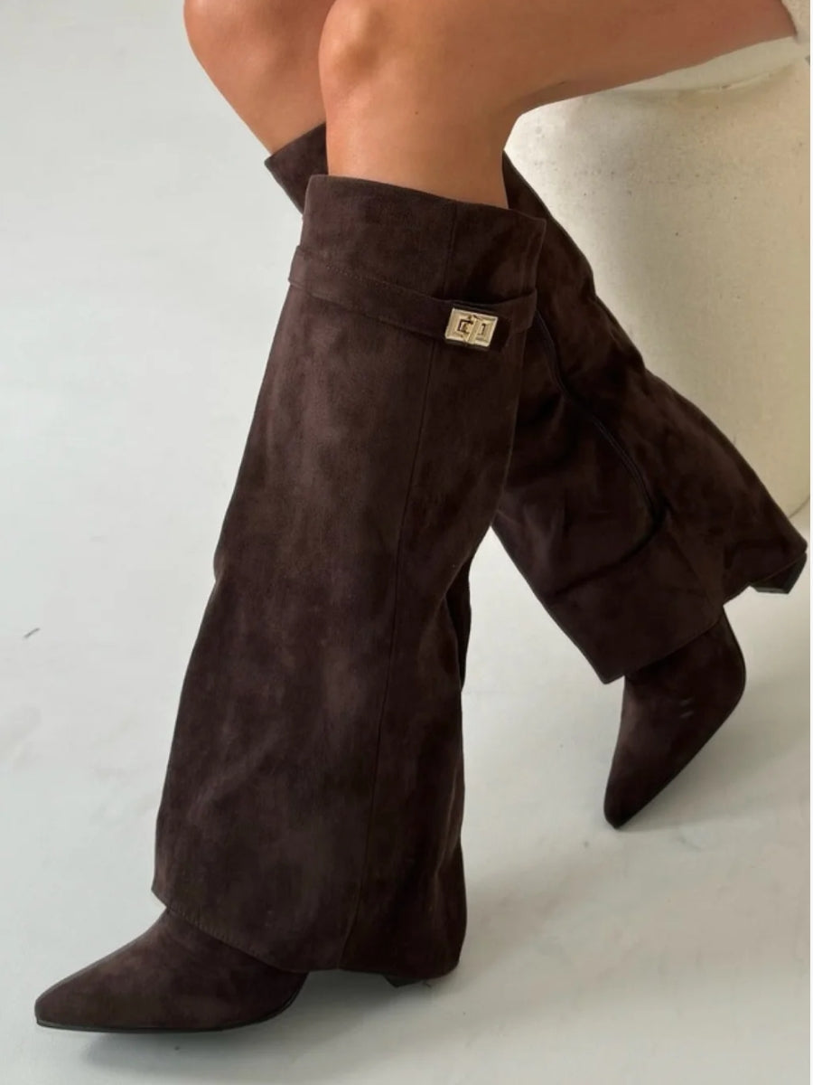 Clara | Wide Leg Folded Leather Heel Boots