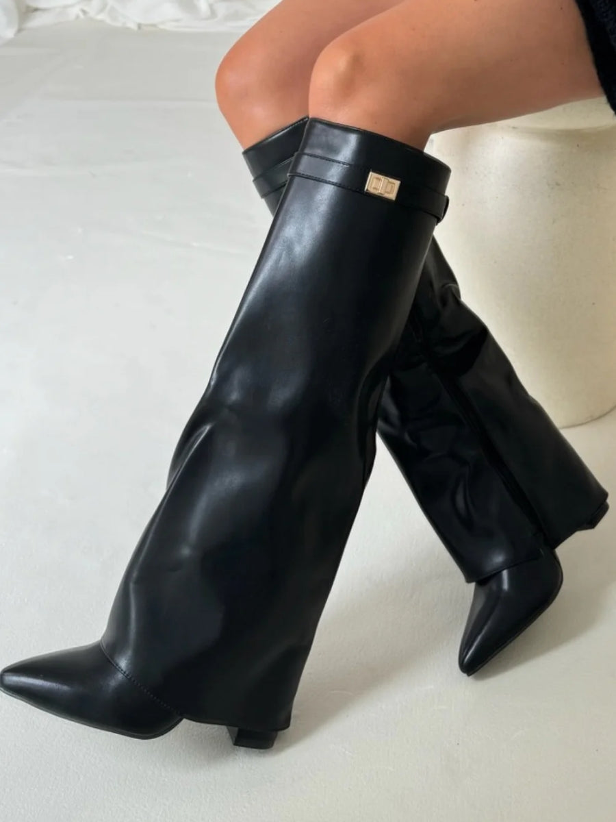 Clara | Wide Leg Folded Leather Heel Boots