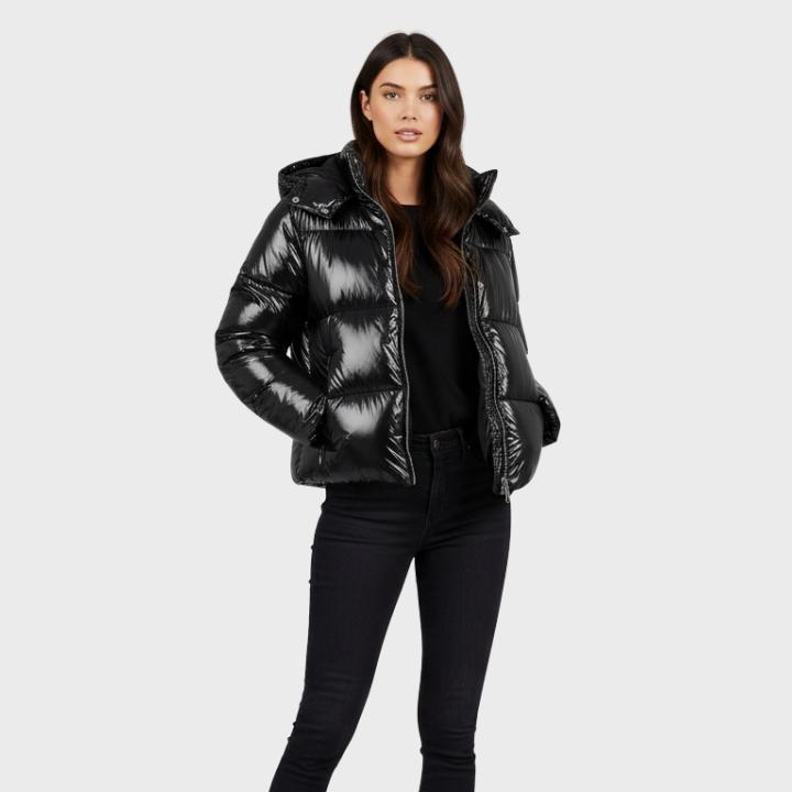 Women's Glossy Hooded Full-Zip Front Puffer Jacket