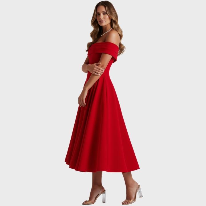 Women's Sophisticated Off Shoulder Pleated Flare Mid Length Dress