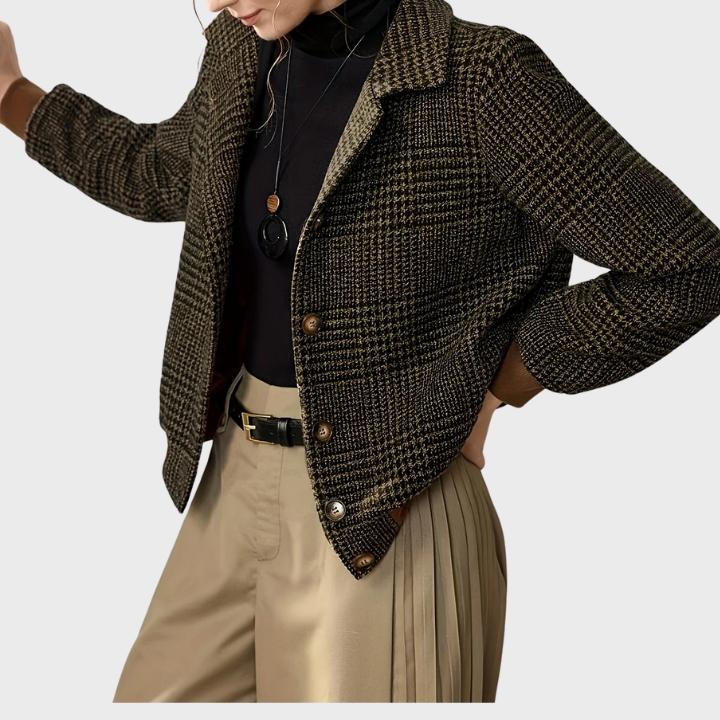 Women's Brown Checkered Wool Look Bomber Jacket  Vintage Style