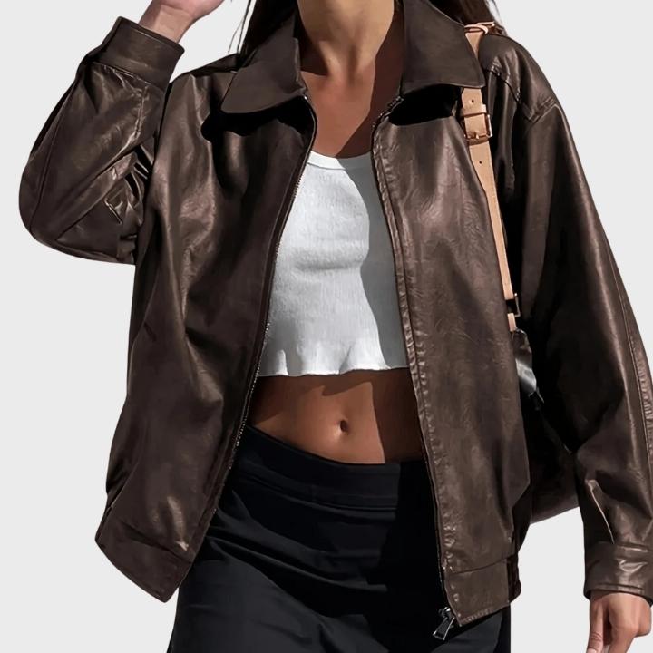 Women’s Classic Brown Zip-Up Leather Jacket