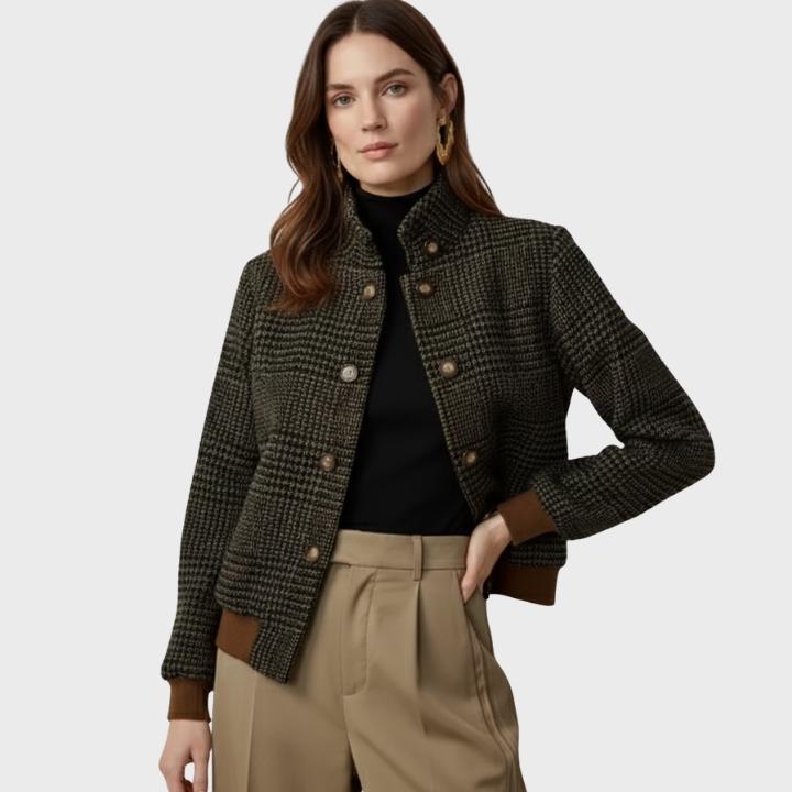 Women's Brown Checkered Wool Look Bomber Jacket  Vintage Style
