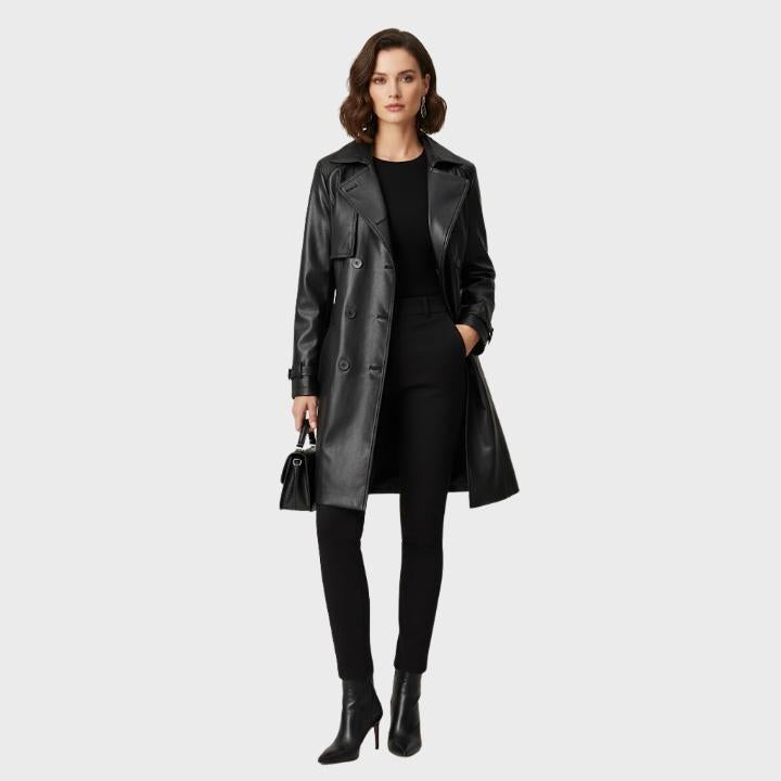 Women's leather Belted Windbreaker Coat