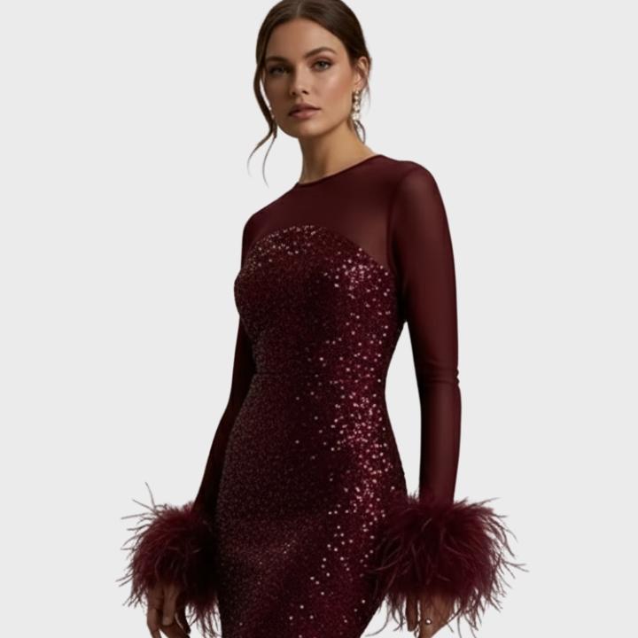 Women’s Slim A-Line Feather Patchwork Sequin Dress
