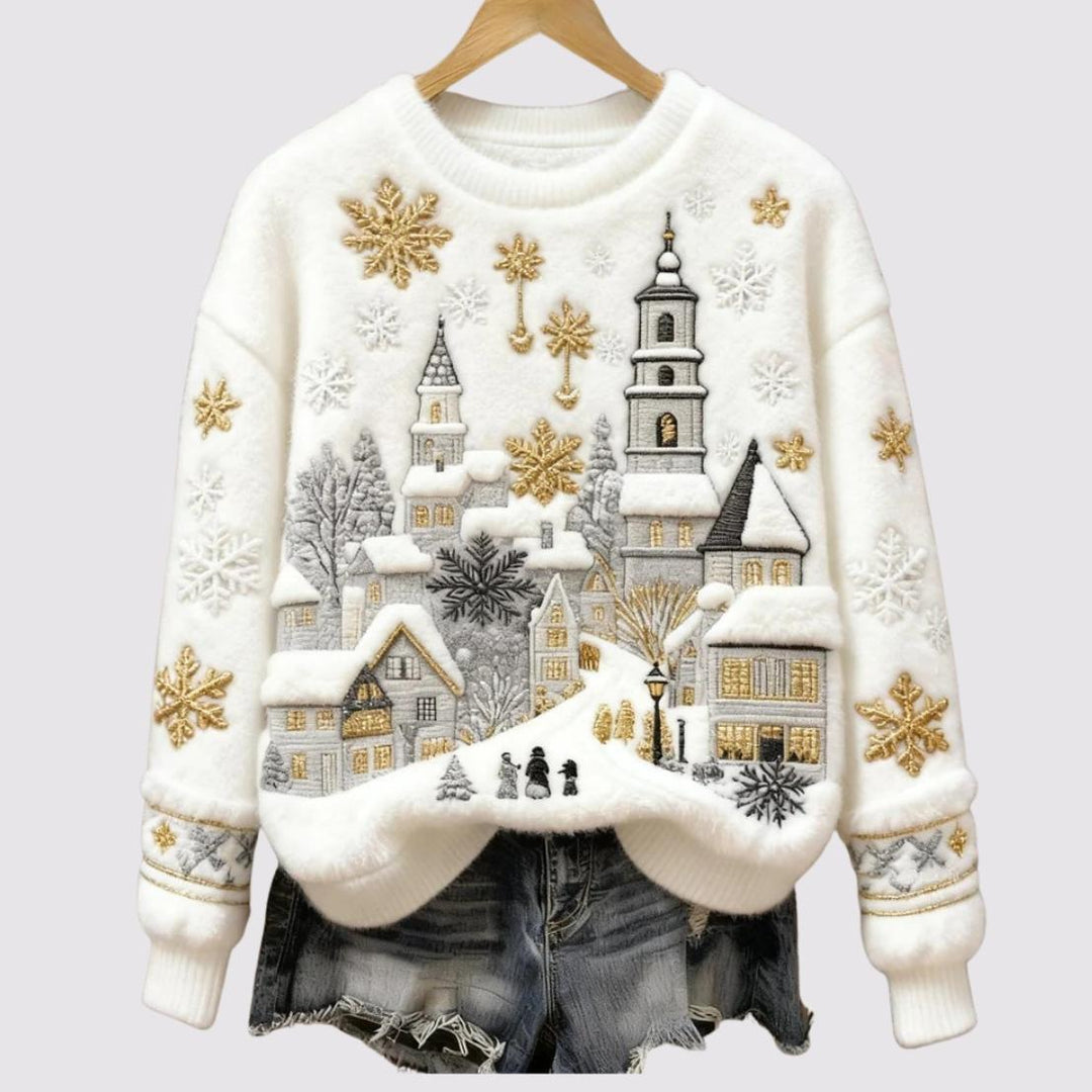 Elara - Snowfall Village Embroidered Plush Jumper