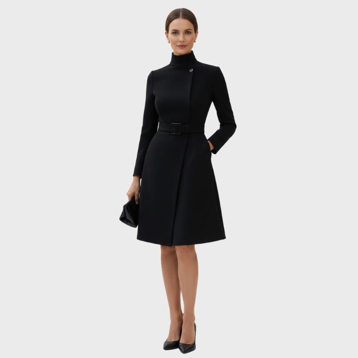 Women's High Neck Asymmetric Front Belted Midi Dress