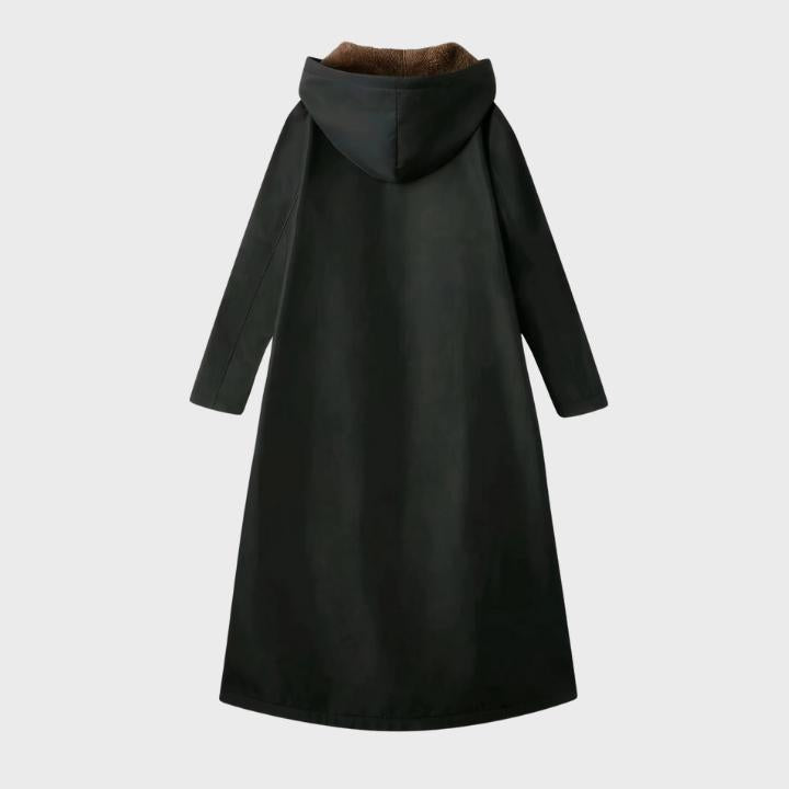 Women’s Elegant Black Plush-Lined Hooded Long Coat