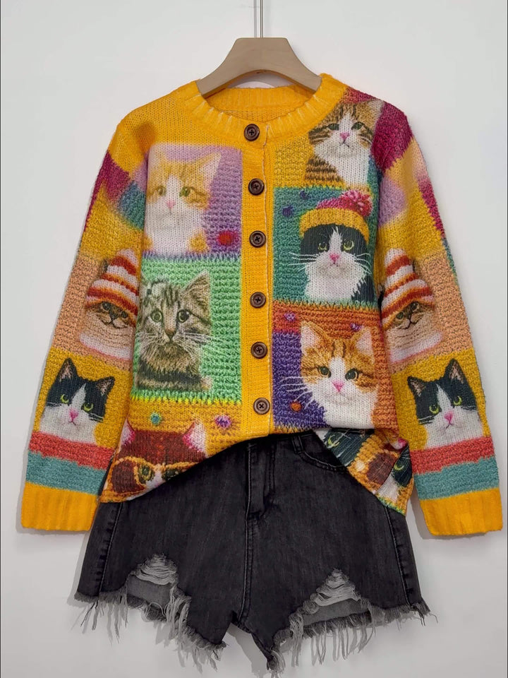 Maribel – Colourful Cat Pattern Button-Front Cardigan