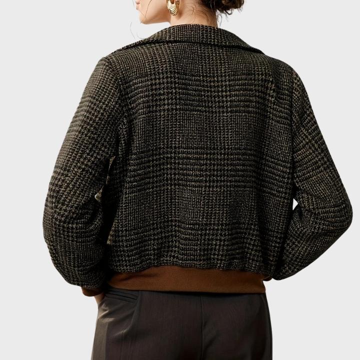 Women's Brown Checkered Wool Look Bomber Jacket  Vintage Style