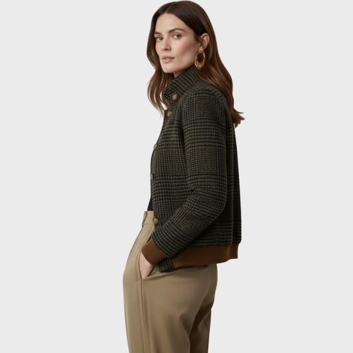 Women's Brown Checkered Wool Look Bomber Jacket  Vintage Style