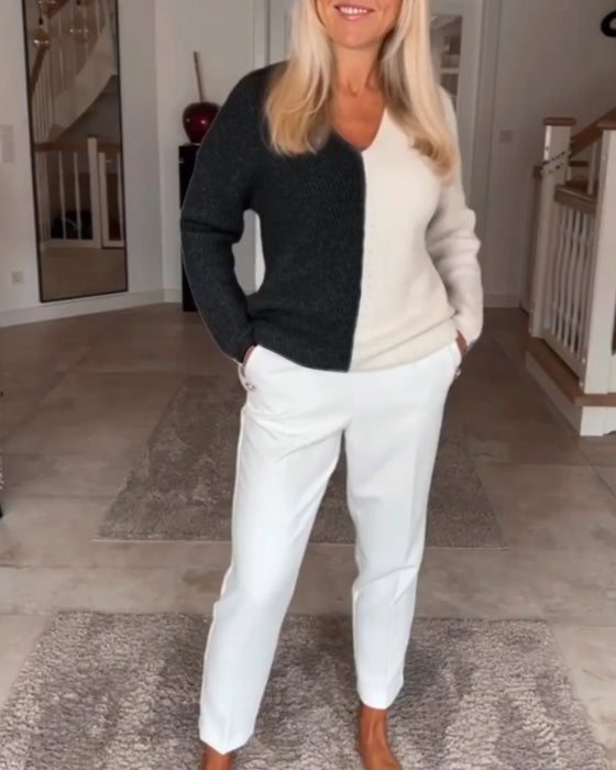 Two-Tone V-Neck Cardigan