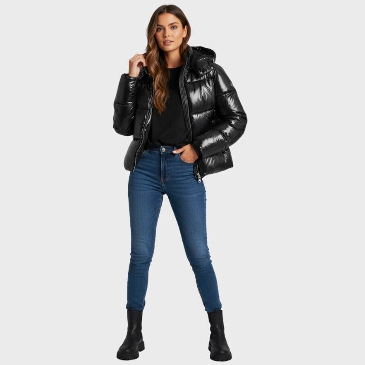 Women's Glossy Hooded Full-Zip Front Puffer Jacket