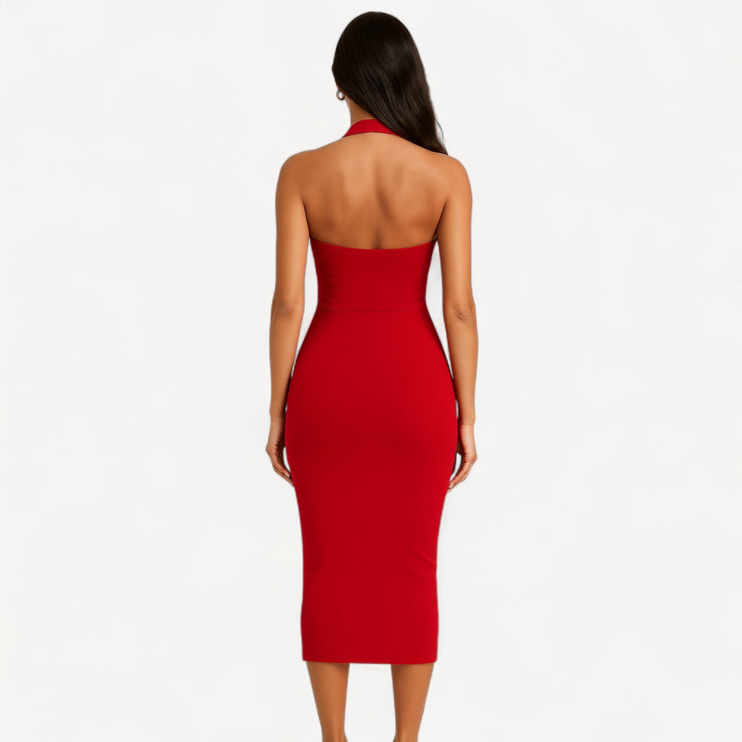 Red Halter Midi Dress