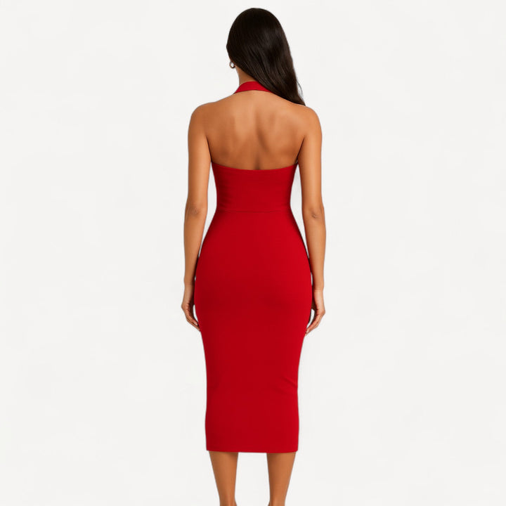 Red Halter Midi Dress