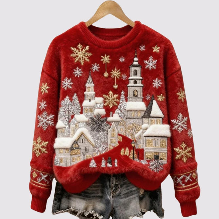 Elara - Snowfall Village Embroidered Plush Jumper