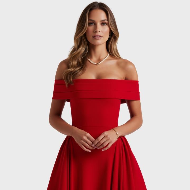 Women's Sophisticated Off Shoulder Pleated Flare Mid Length Dress