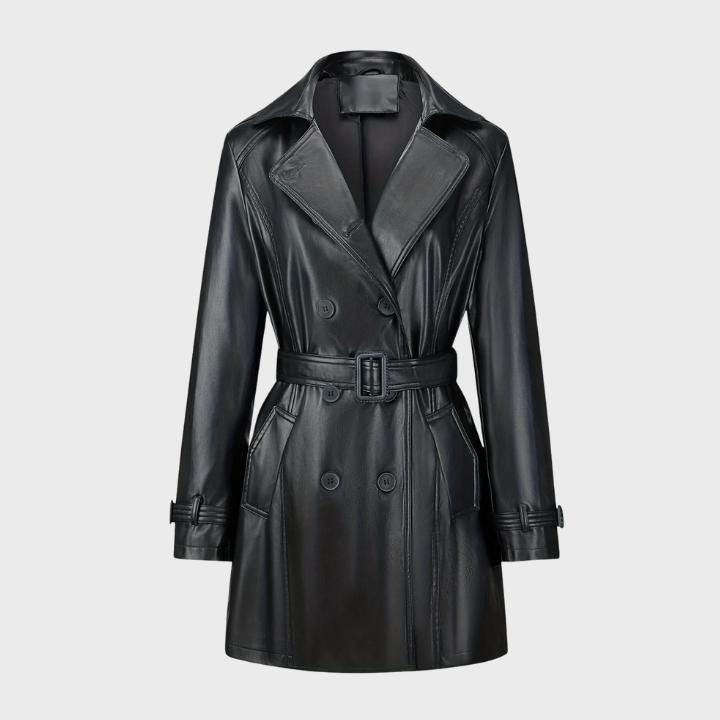 Women's leather Belted Windbreaker Coat